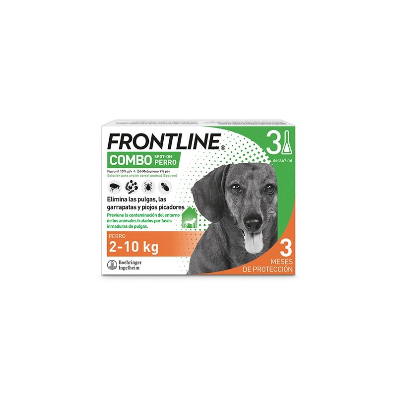 FRONTLINE COMBO 67,00 mg / 60,30 mg SOLUCION SPOT-ON PARA PERROS 2-10 kg (3 pipetas)
