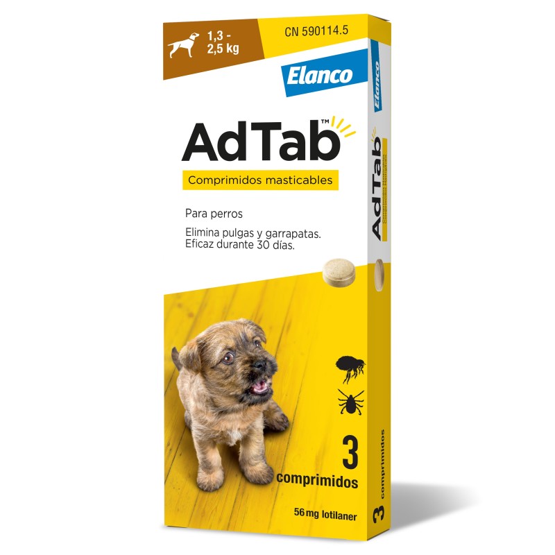 ADTAB 56 mg COMPRIMIDOS MASTICABLES PARA PERROS (1,3-2,5 kg) 3 comprimidos ADTAB 56 mg COMPRIMIDOS MASTICABLES PARA PERROS (1,3-2,5 kg) 3 comprimidos