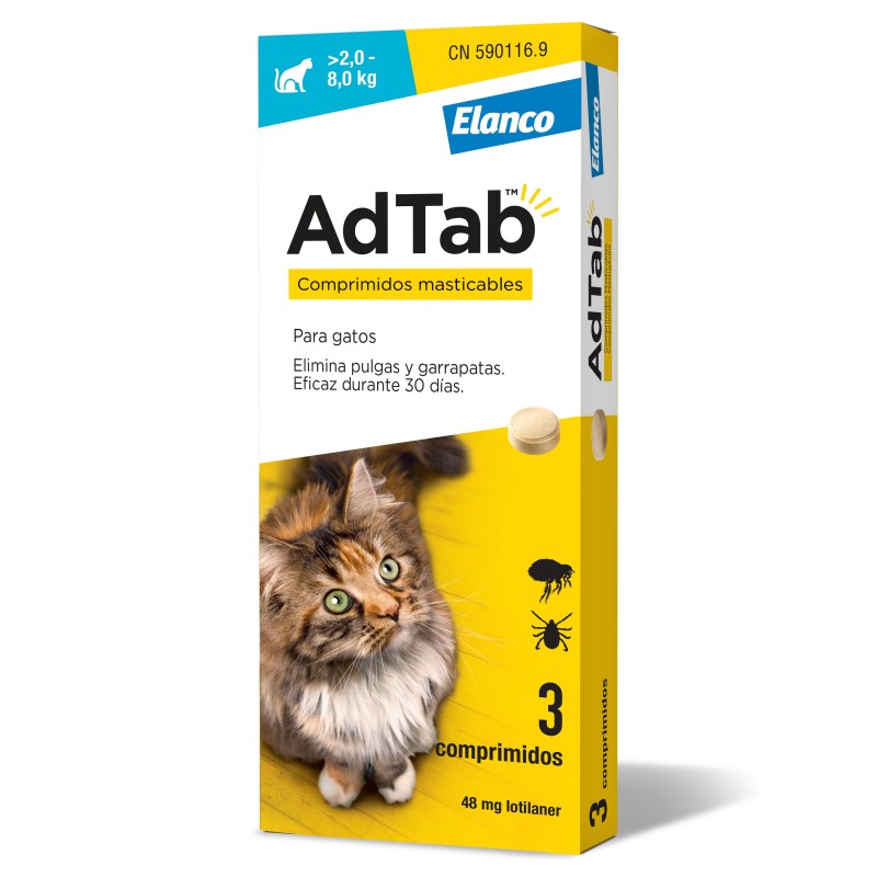 ADTAB 48 mg COMPRIMIDOS MASTICABLES PARA GATOS (+2,0-8,0 kg) 3 comprimidos ADTAB 48 mg COMPRIMIDOS MASTICABLES PARA GATOS (+2,0-8,0 kg) 3 comprimidos