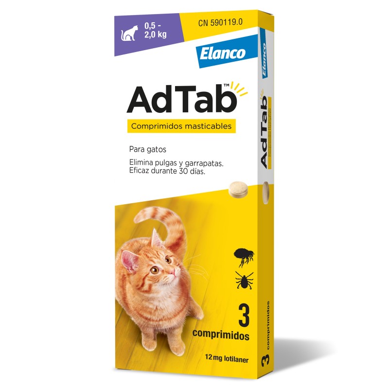 ADTAB 12 mg COMPRIMIDOS MASTICABLES PARA GATOS (0,5-2,0 kg) 3 comprimidos ADTAB 12 mg COMPRIMIDOS MASTICABLES PARA GATOS (0,5-2,0 kg) 3 comprimidos