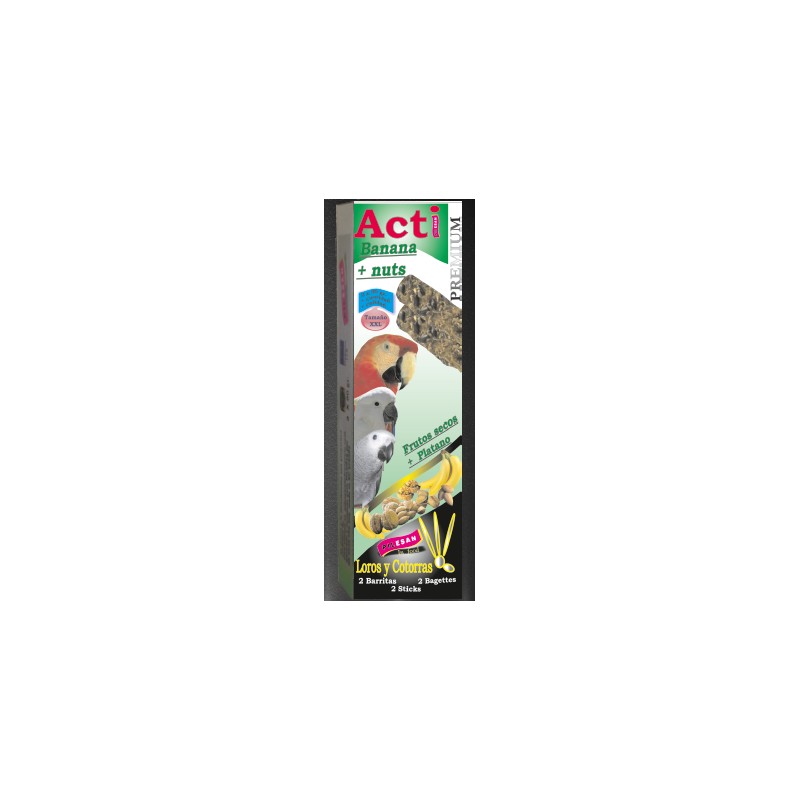 2 Barritas Acti Banana y Nuts de 90 gr cada una Papagayo, Loros y Cotorras